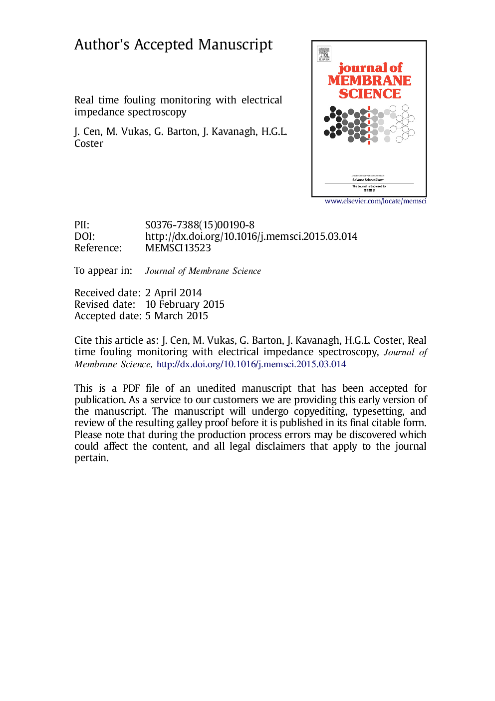 Real time fouling monitoring with Electrical Impedance Spectroscopy