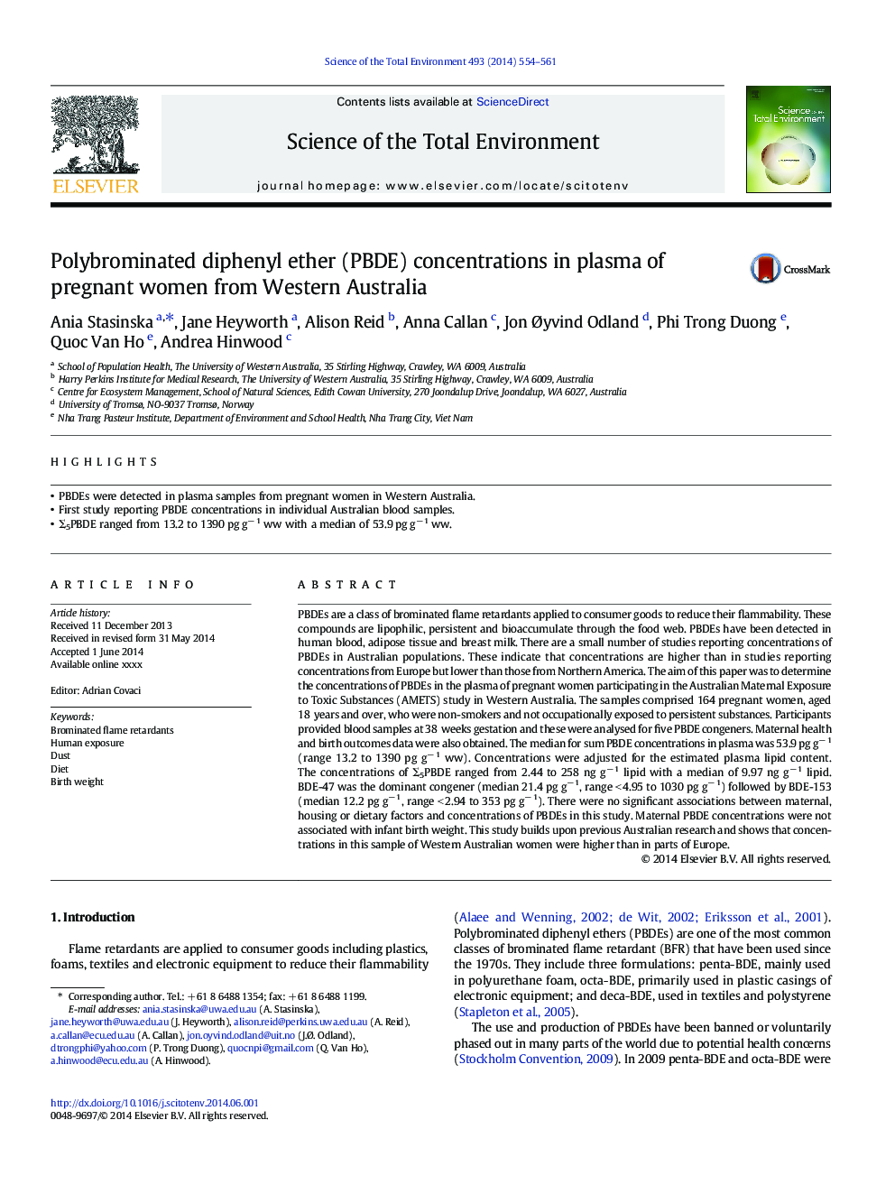 Polybrominated diphenyl ether (PBDE) concentrations in plasma of pregnant women from Western Australia