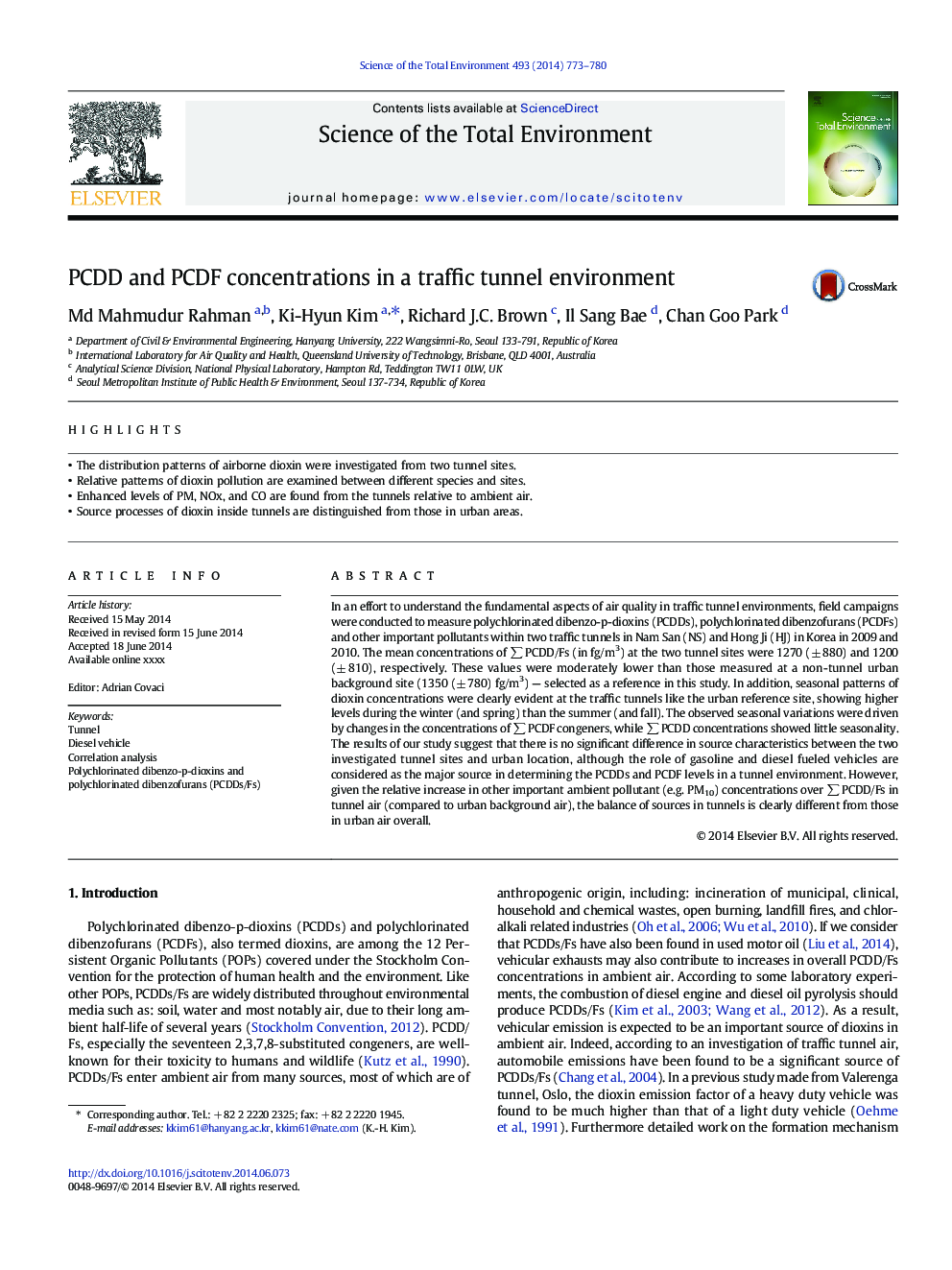 PCDD and PCDF concentrations in a traffic tunnel environment