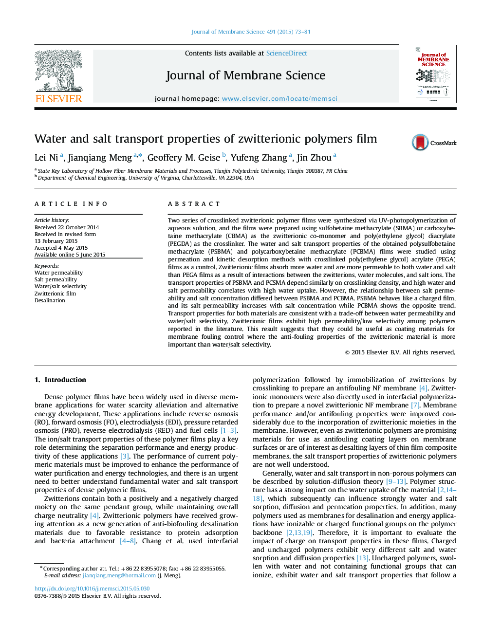 Water and salt transport properties of zwitterionic polymers film