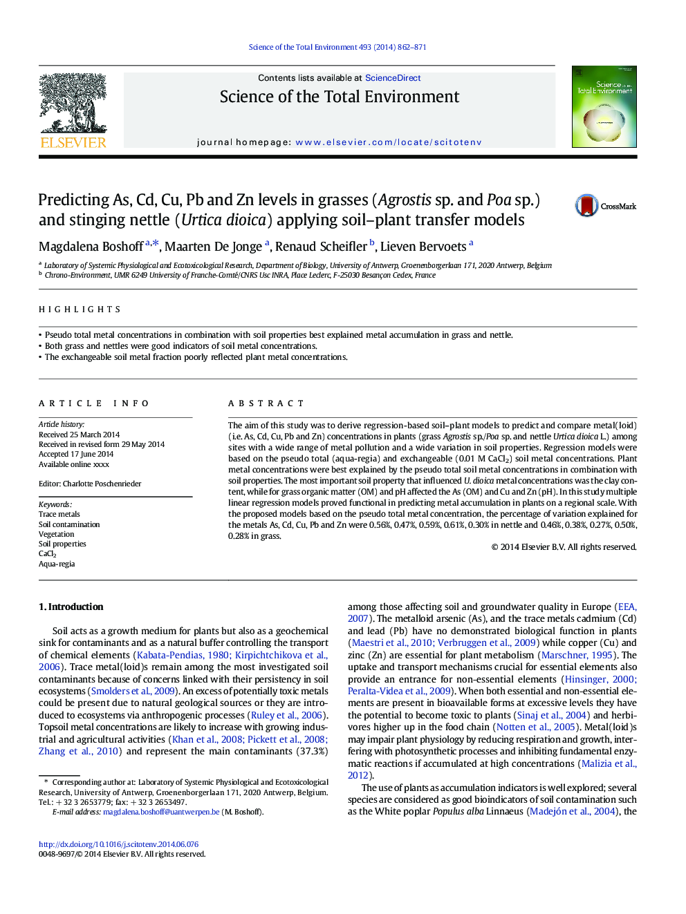 Predicting As, Cd, Cu, Pb and Zn levels in grasses (Agrostis sp. and Poa sp.) and stinging nettle (Urtica dioica) applying soil-plant transfer models