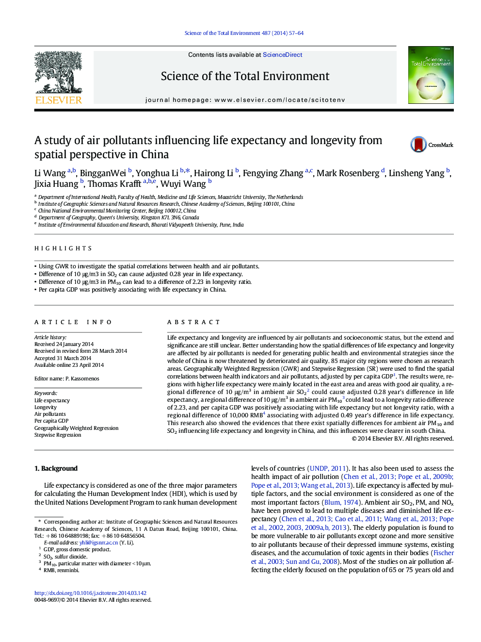 A study of air pollutants influencing life expectancy and longevity from spatial perspective in China