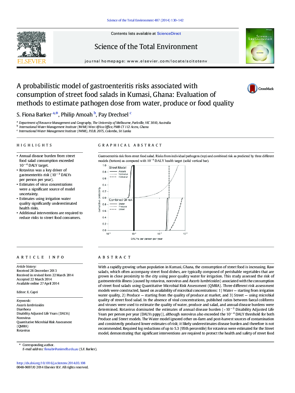 A probabilistic model of gastroenteritis risks associated with consumption of street food salads in Kumasi, Ghana: Evaluation of methods to estimate pathogen dose from water, produce or food quality