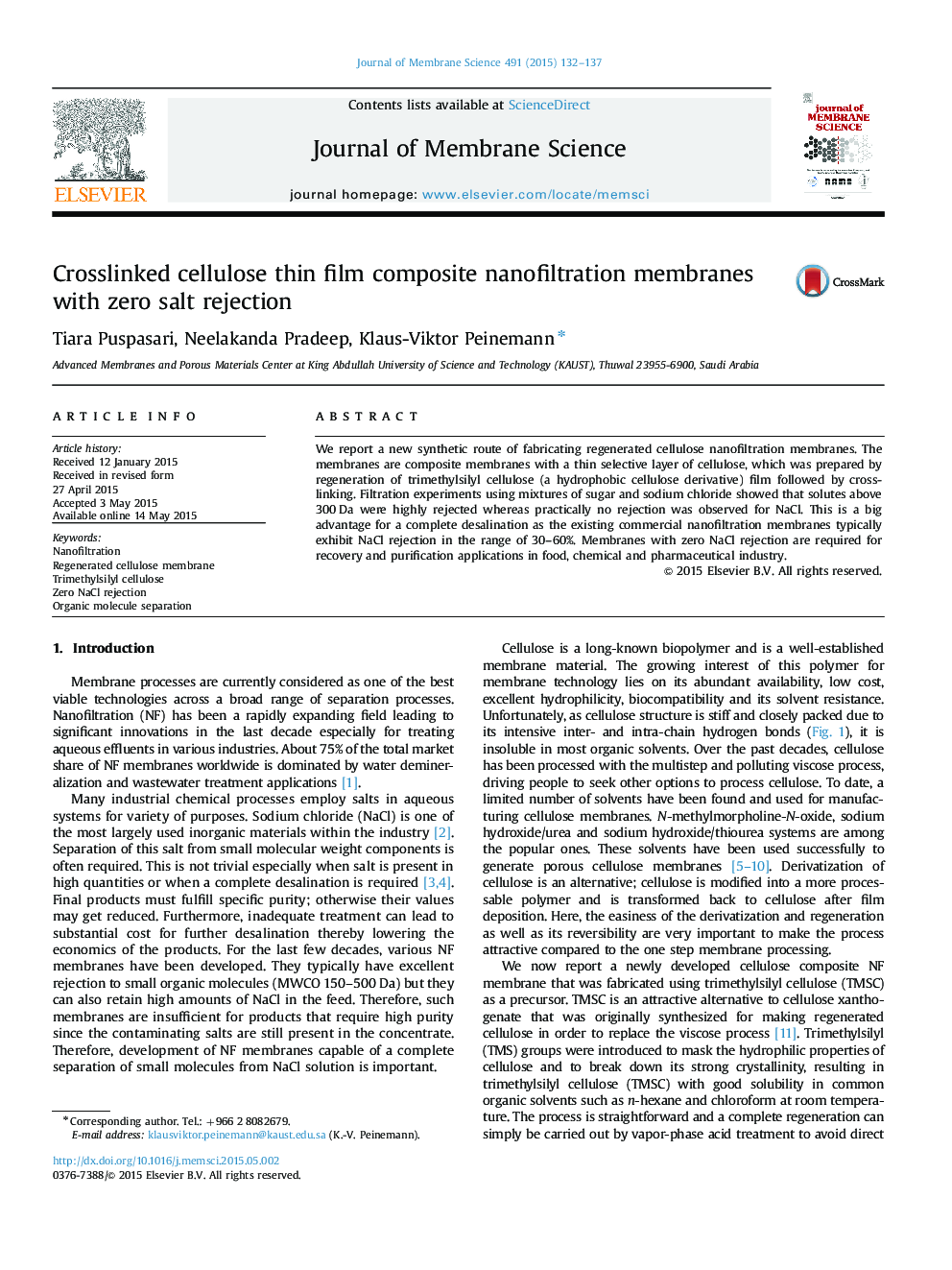 Crosslinked cellulose thin film composite nanofiltration membranes with zero salt rejection