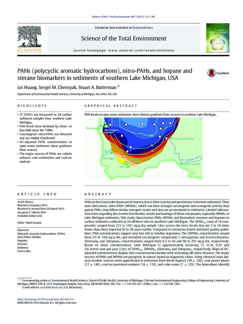 PAHs (polycyclic aromatic hydrocarbons), nitro-PAHs, and hopane and sterane biomarkers in sediments of southern Lake Michigan, USA