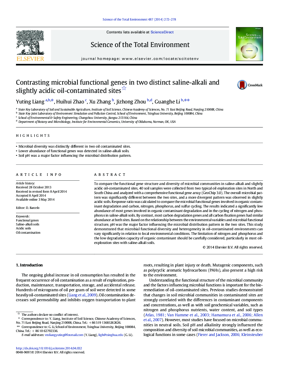 Contrasting microbial functional genes in two distinct saline-alkali and slightly acidic oil-contaminated sites