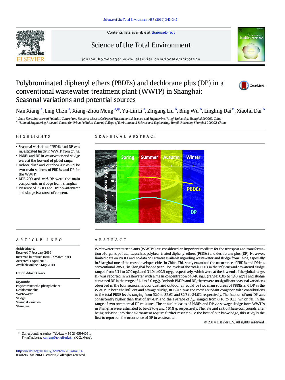 Polybrominated diphenyl ethers (PBDEs) and dechlorane plus (DP) in a conventional wastewater treatment plant (WWTP) in Shanghai: Seasonal variations and potential sources