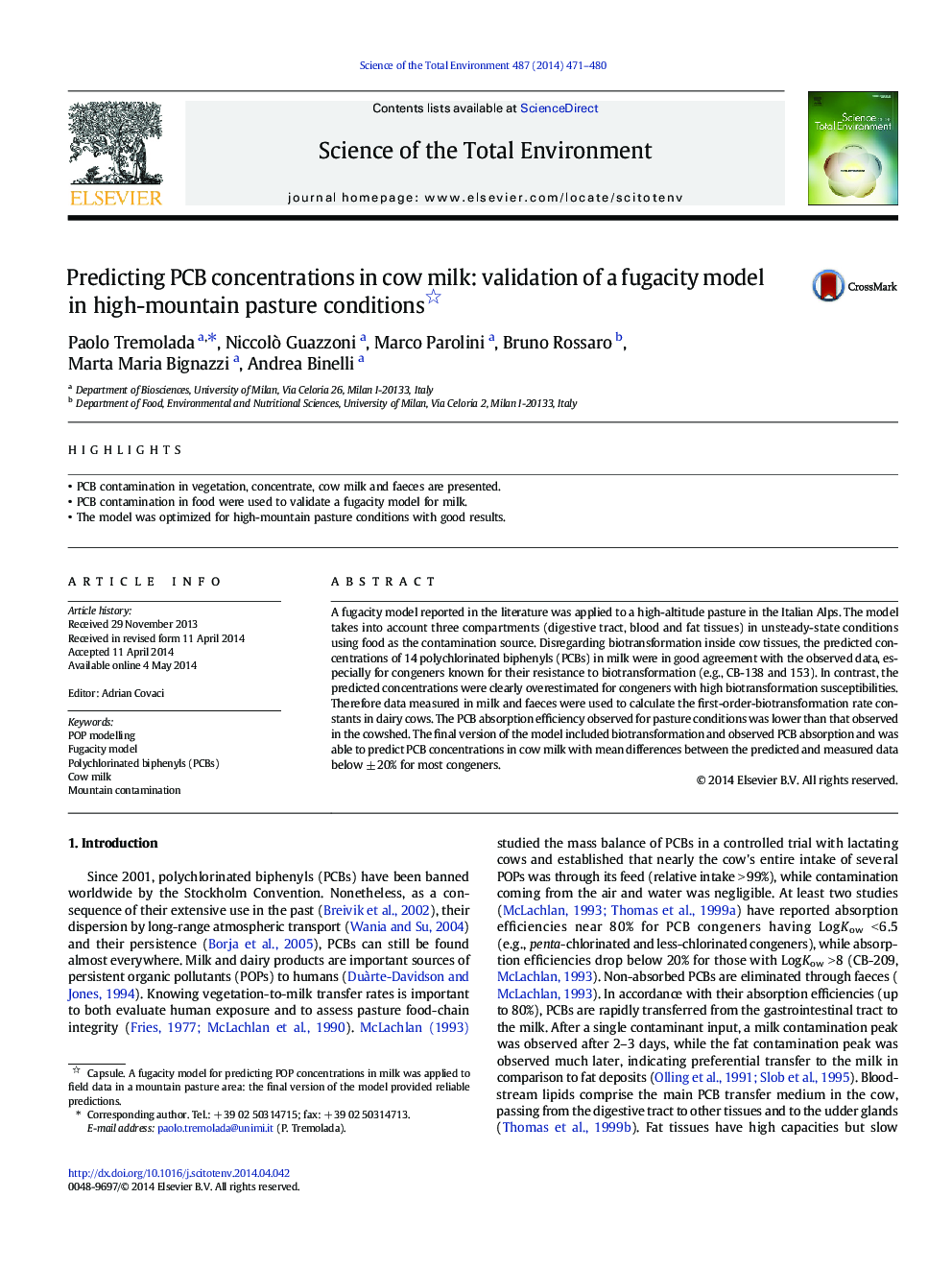 Predicting PCB concentrations in cow milk: validation of a fugacity model in high-mountain pasture conditions