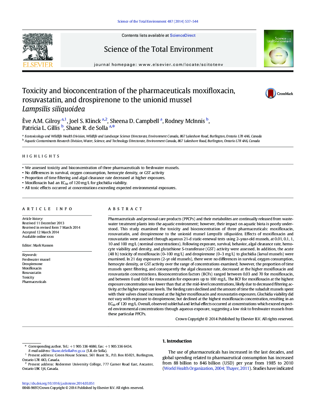 Toxicity and bioconcentration of the pharmaceuticals moxifloxacin, rosuvastatin, and drospirenone to the unionid mussel Lampsilis siliquoidea