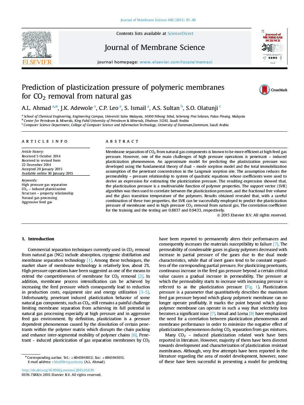Prediction of plasticization pressure of polymeric membranes for CO2 removal from natural gas