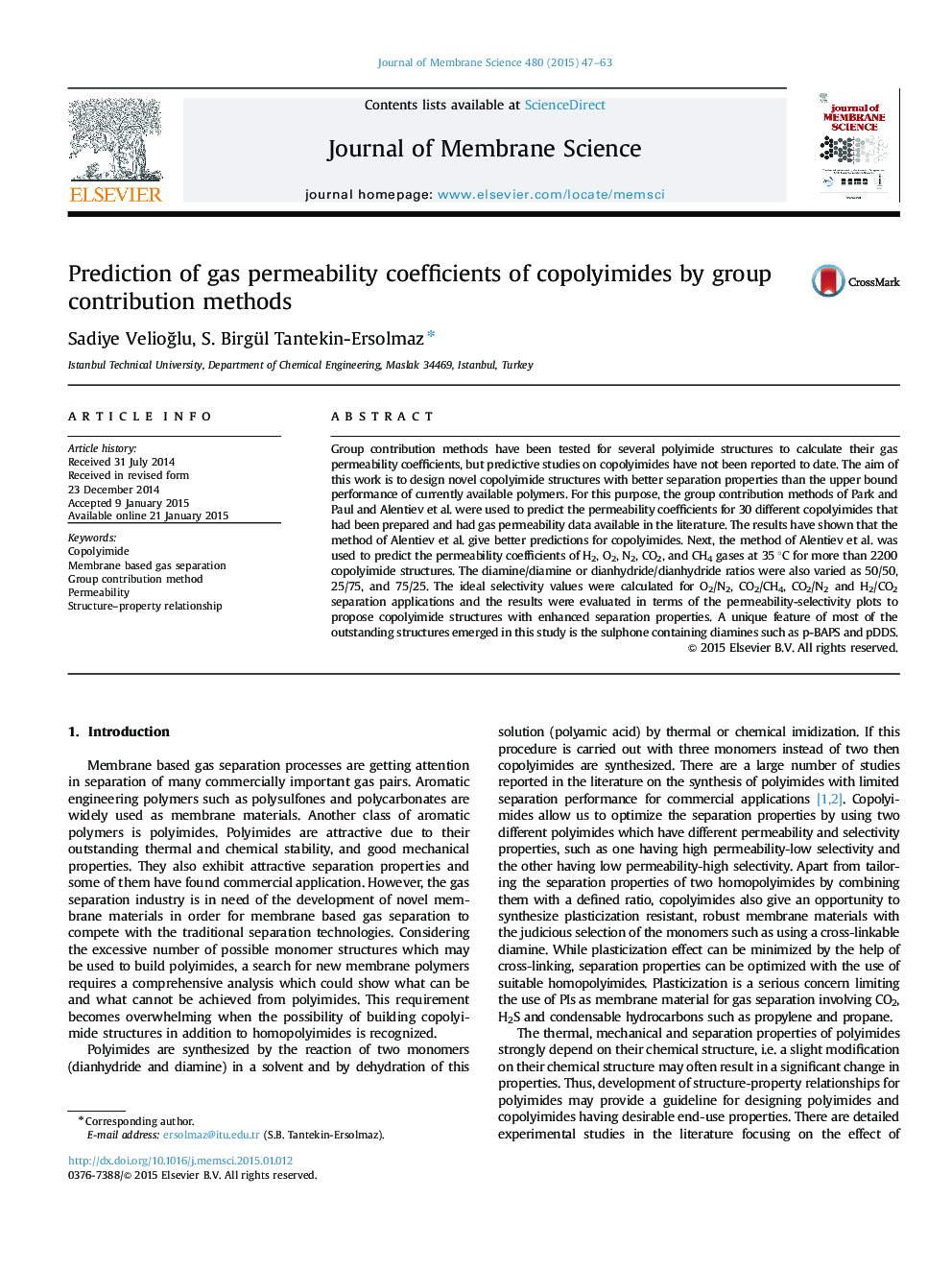 Prediction of gas permeability coefficients of copolyimides by group contribution methods