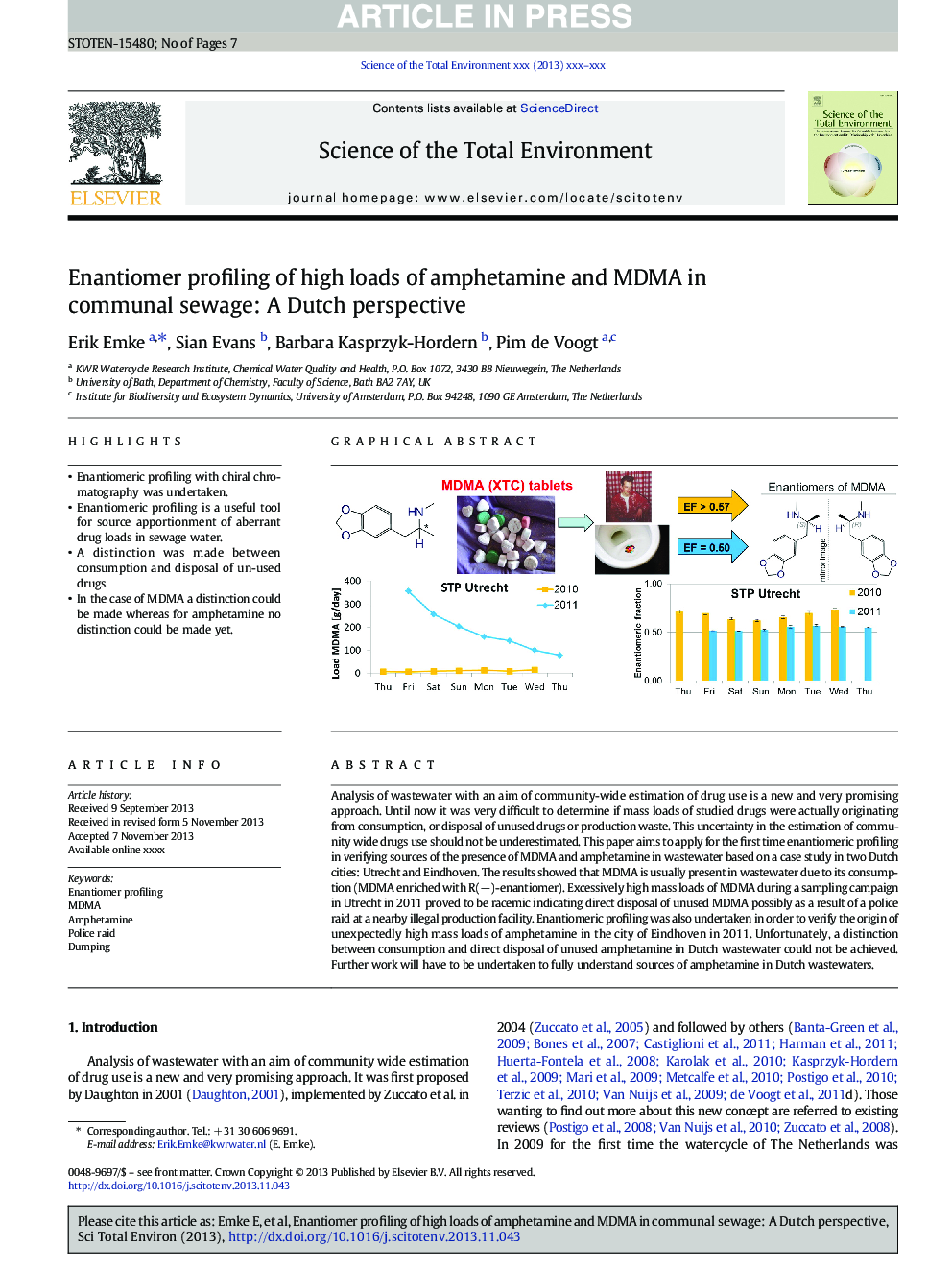 Enantiomer profiling of high loads of amphetamine and MDMA in communal sewage: A Dutch perspective