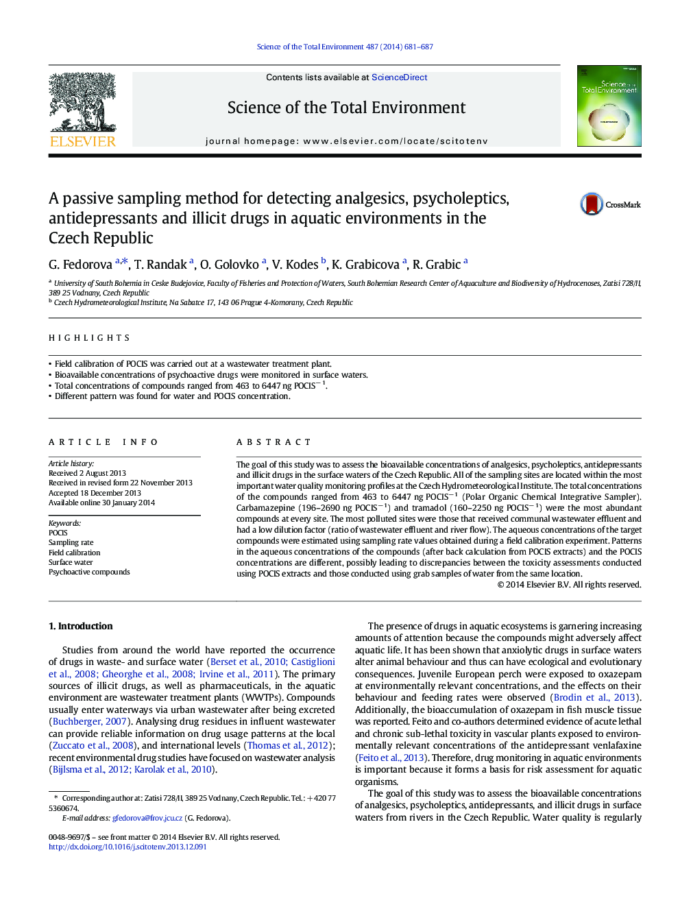 A passive sampling method for detecting analgesics, psycholeptics, antidepressants and illicit drugs in aquatic environments in the Czech Republic