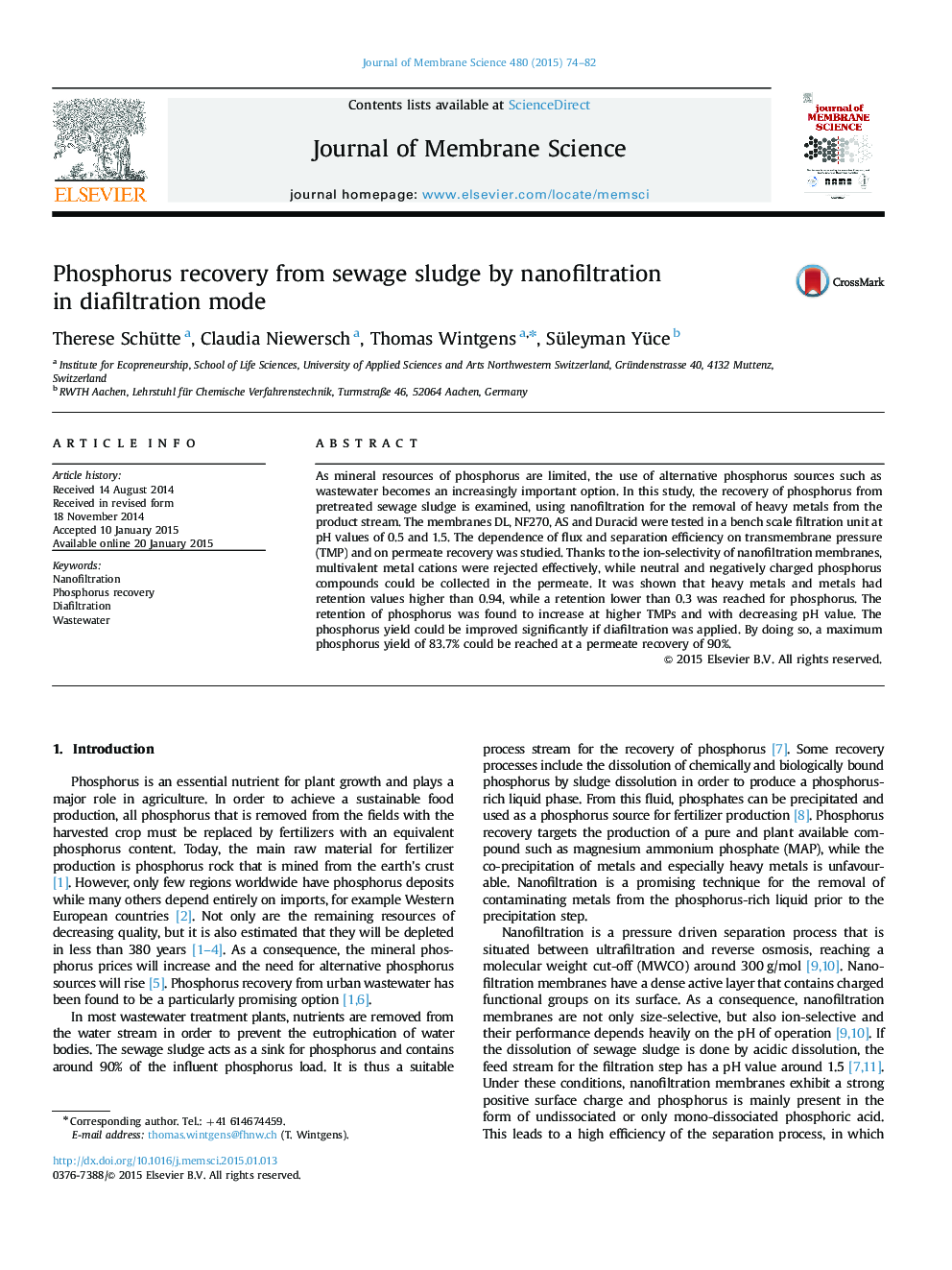 Phosphorus recovery from sewage sludge by nanofiltration in diafiltration mode