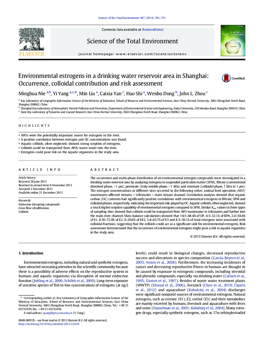 استروژن های محیطی در ناحیه مخزن آب آشامیدنی در شانگهای: پدیده، سهم کلوئیدی و ارزیابی خطر 