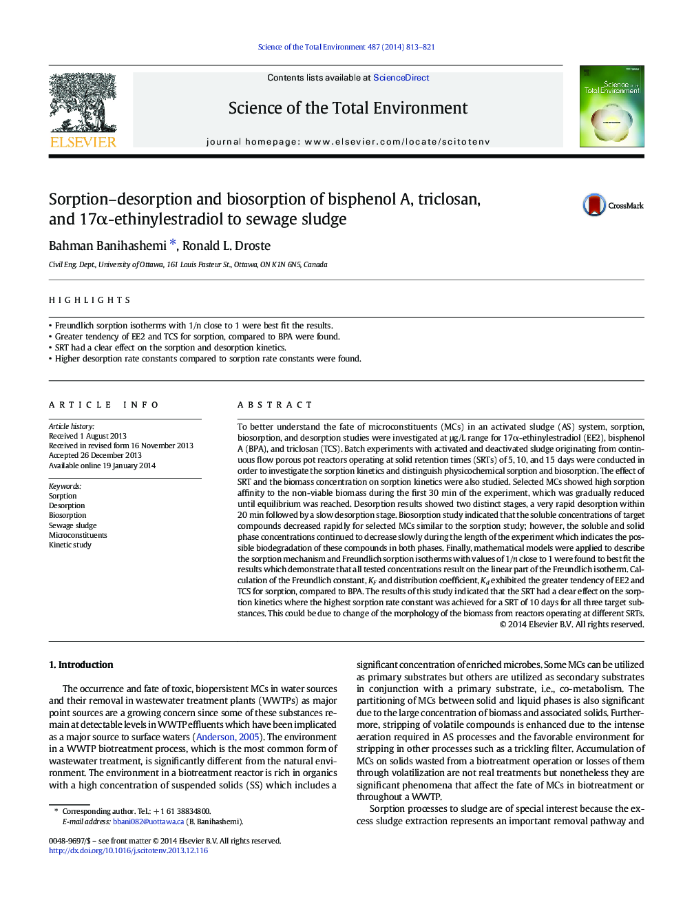 Sorption-desorption and biosorption of bisphenol A, triclosan, and 17Î±-ethinylestradiol to sewage sludge