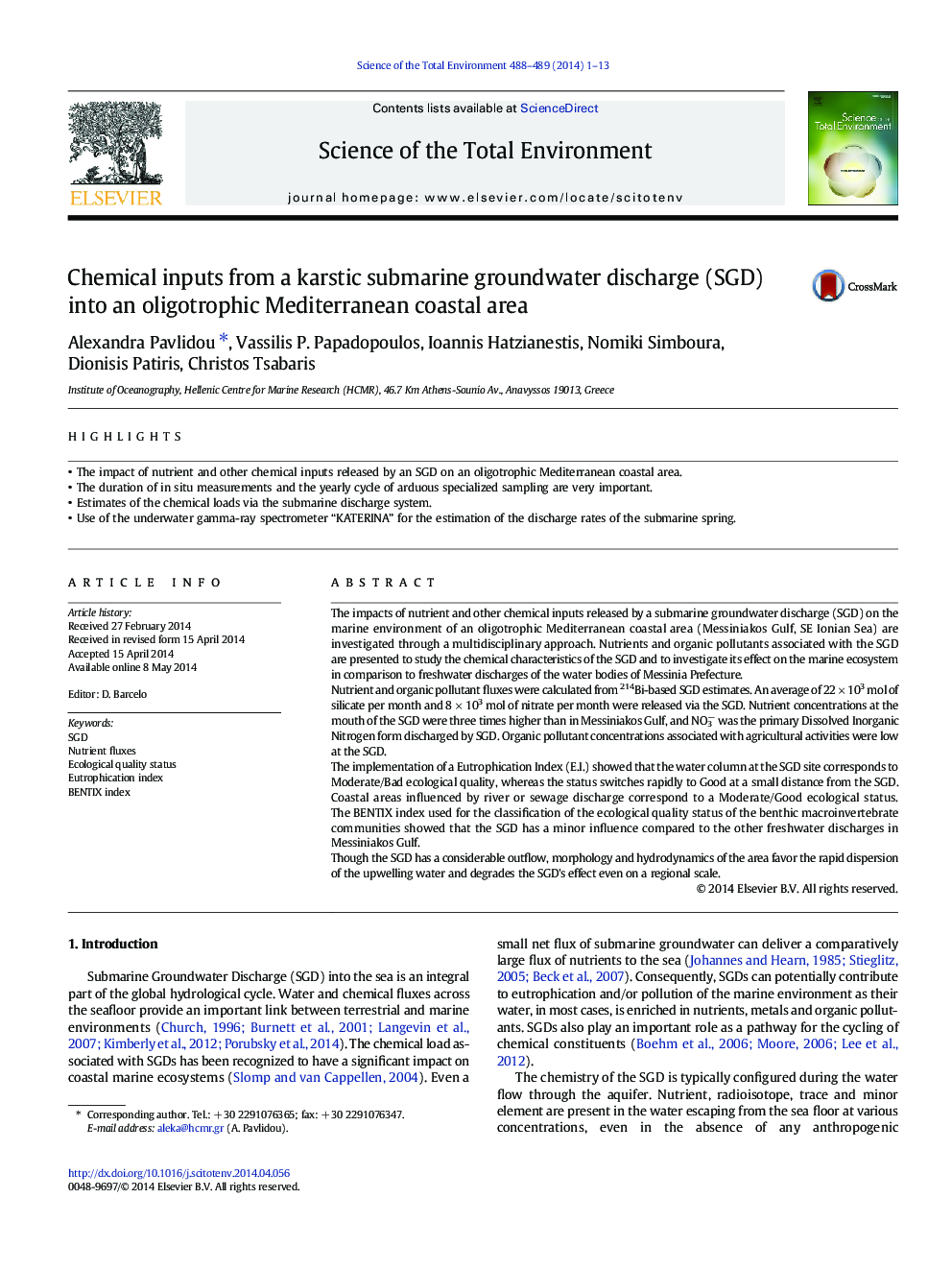 Chemical inputs from a karstic submarine groundwater discharge (SGD) into an oligotrophic Mediterranean coastal area