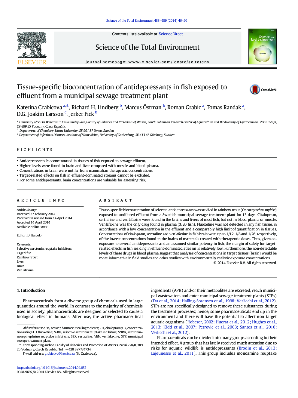 Tissue-specific bioconcentration of antidepressants in fish exposed to effluent from a municipal sewage treatment plant