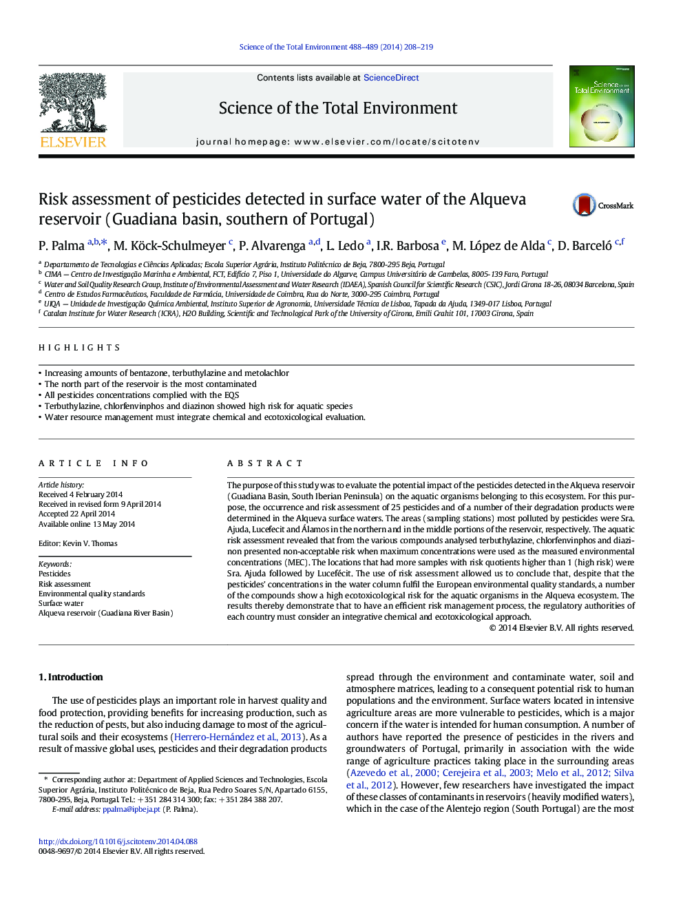 Risk assessment of pesticides detected in surface water of the Alqueva reservoir (Guadiana basin, southern of Portugal)