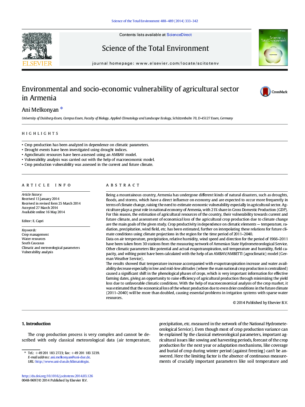 Environmental and socio-economic vulnerability of agricultural sector in Armenia