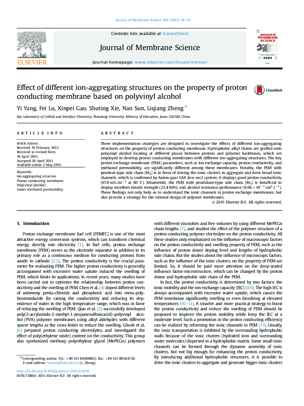Effect of different ion-aggregating structures on the property of proton conducting membrane based on polyvinyl alcohol