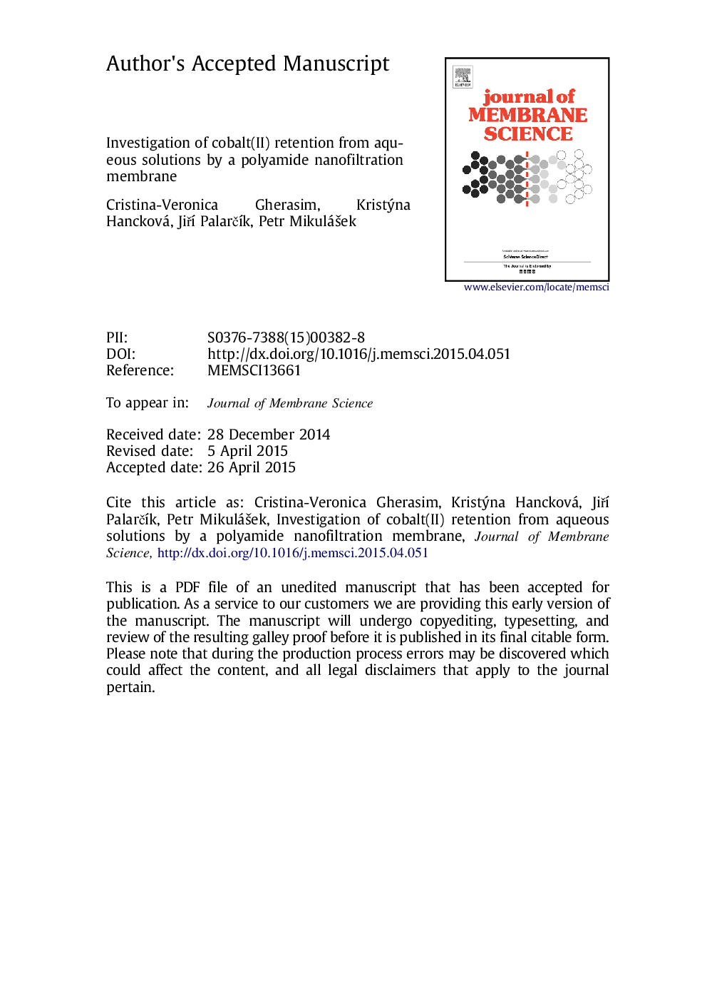 Investigation of cobalt(II) retention from aqueous solutions by a polyamide nanofiltration membrane