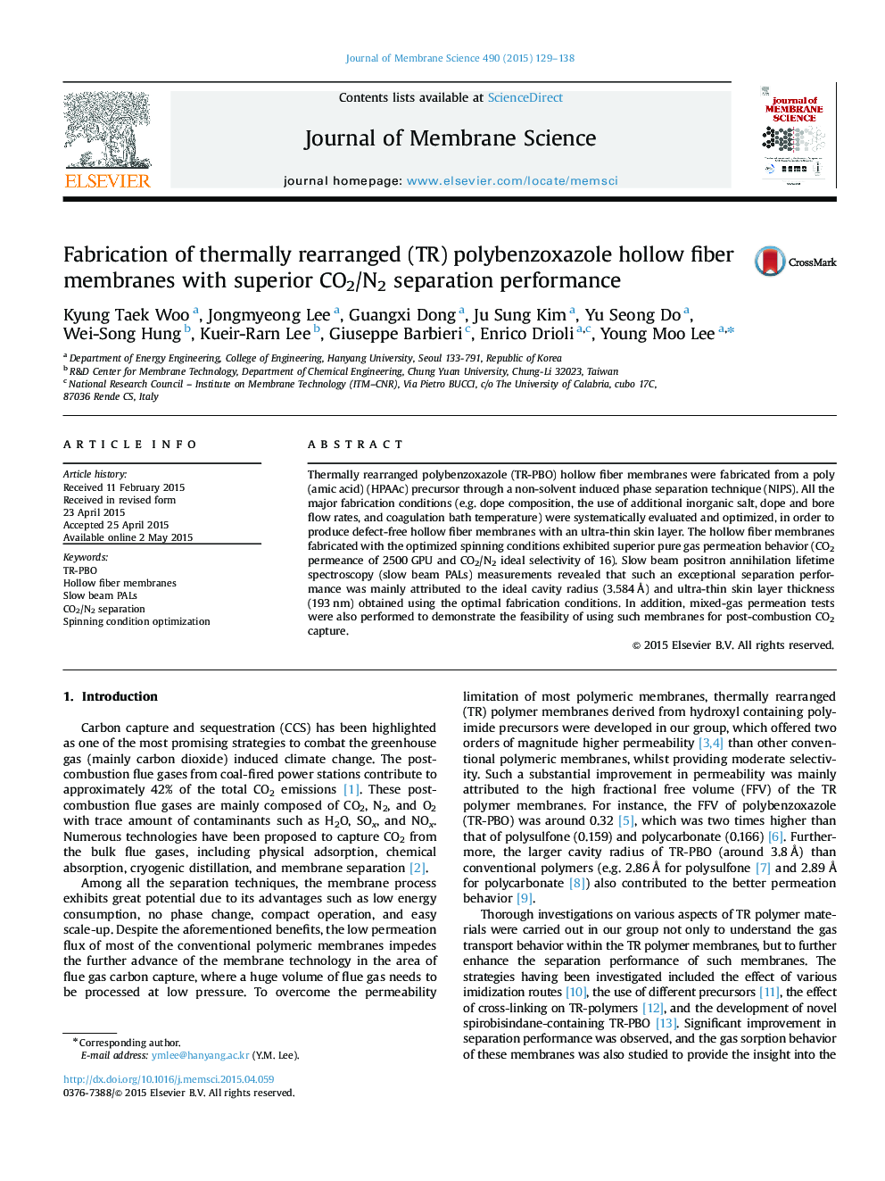 Fabrication of thermally rearranged (TR) polybenzoxazole hollow fiber membranes with superior CO2/N2 separation performance