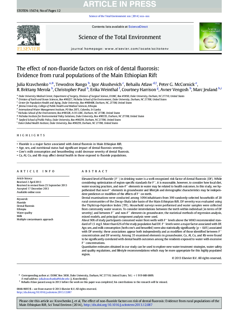 The effect of non-fluoride factors on risk of dental fluorosis: Evidence from rural populations of the Main Ethiopian Rift