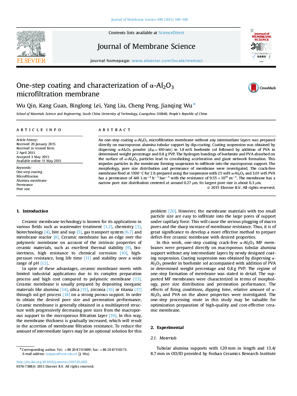 One-step coating and characterization of α-Al2O3 microfiltration membrane