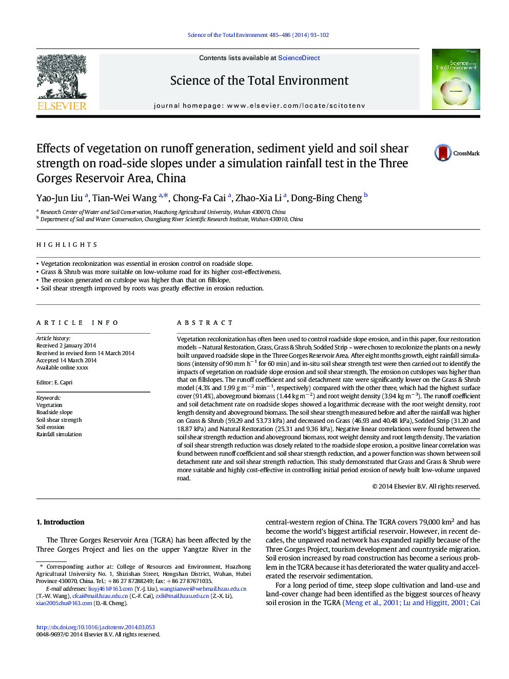 Effects of vegetation on runoff generation, sediment yield and soil shear strength on road-side slopes under a simulation rainfall test in the Three Gorges Reservoir Area, China