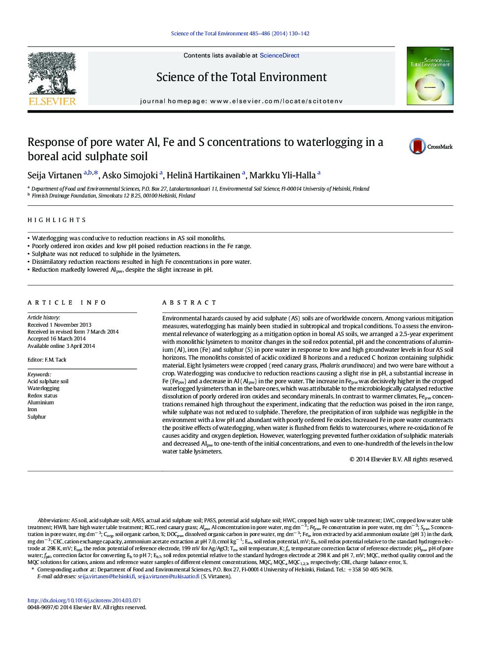 Response of pore water Al, Fe and S concentrations to waterlogging in a boreal acid sulphate soil