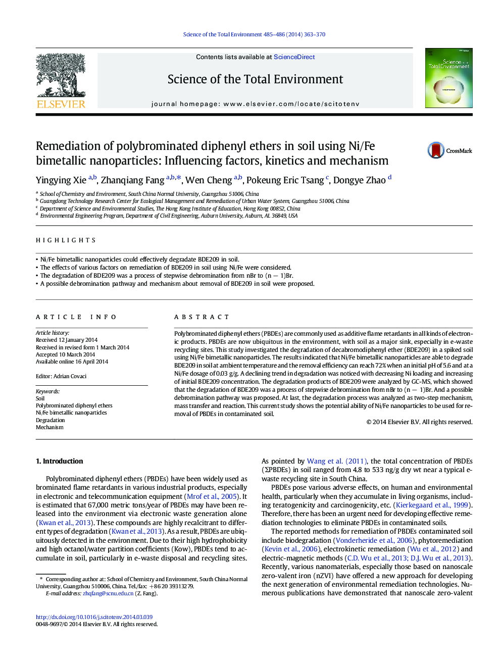 Remediation of polybrominated diphenyl ethers in soil using Ni/Fe bimetallic nanoparticles: Influencing factors, kinetics and mechanism