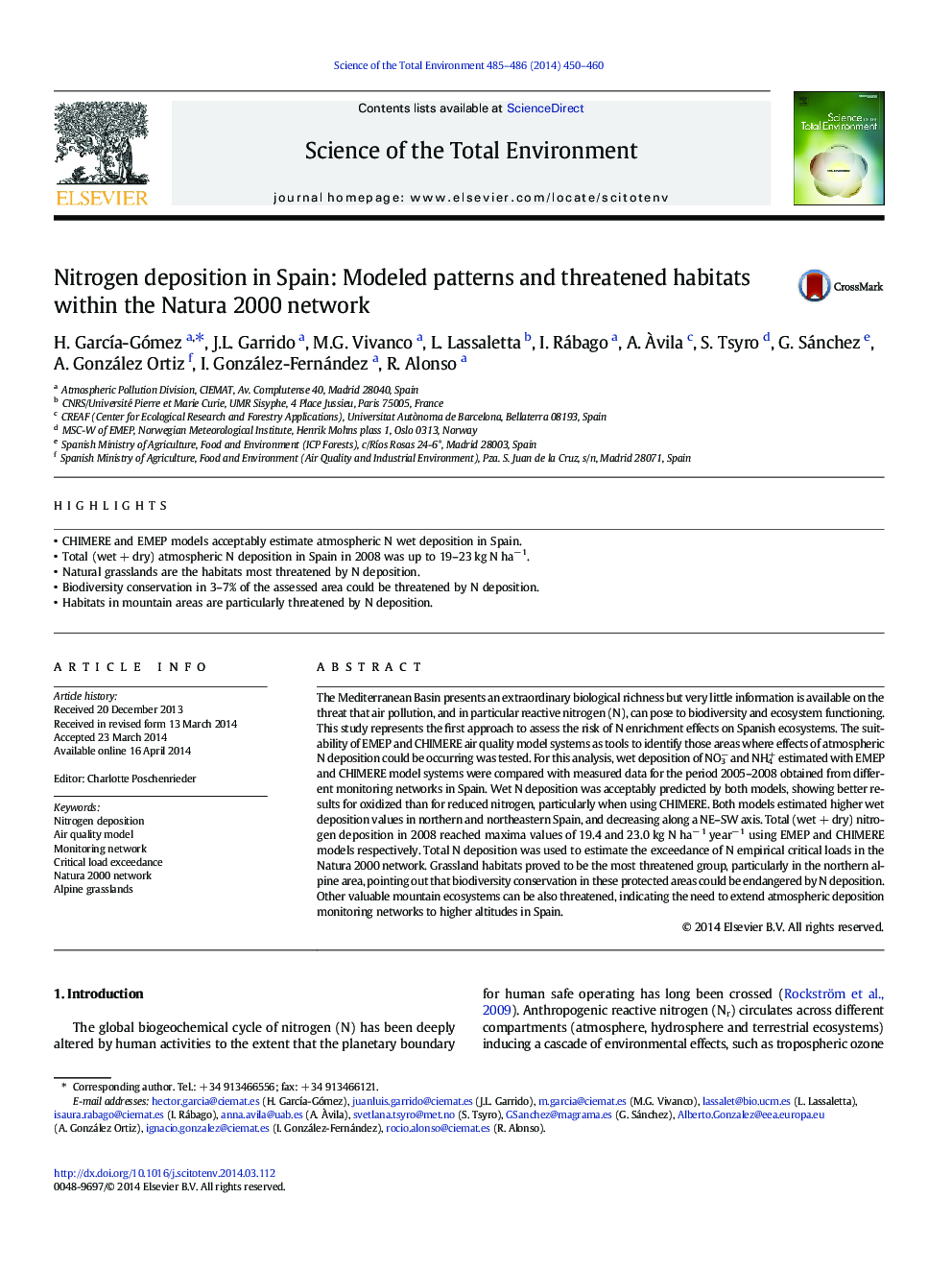 Nitrogen deposition in Spain: Modeled patterns and threatened habitats within the Natura 2000 network