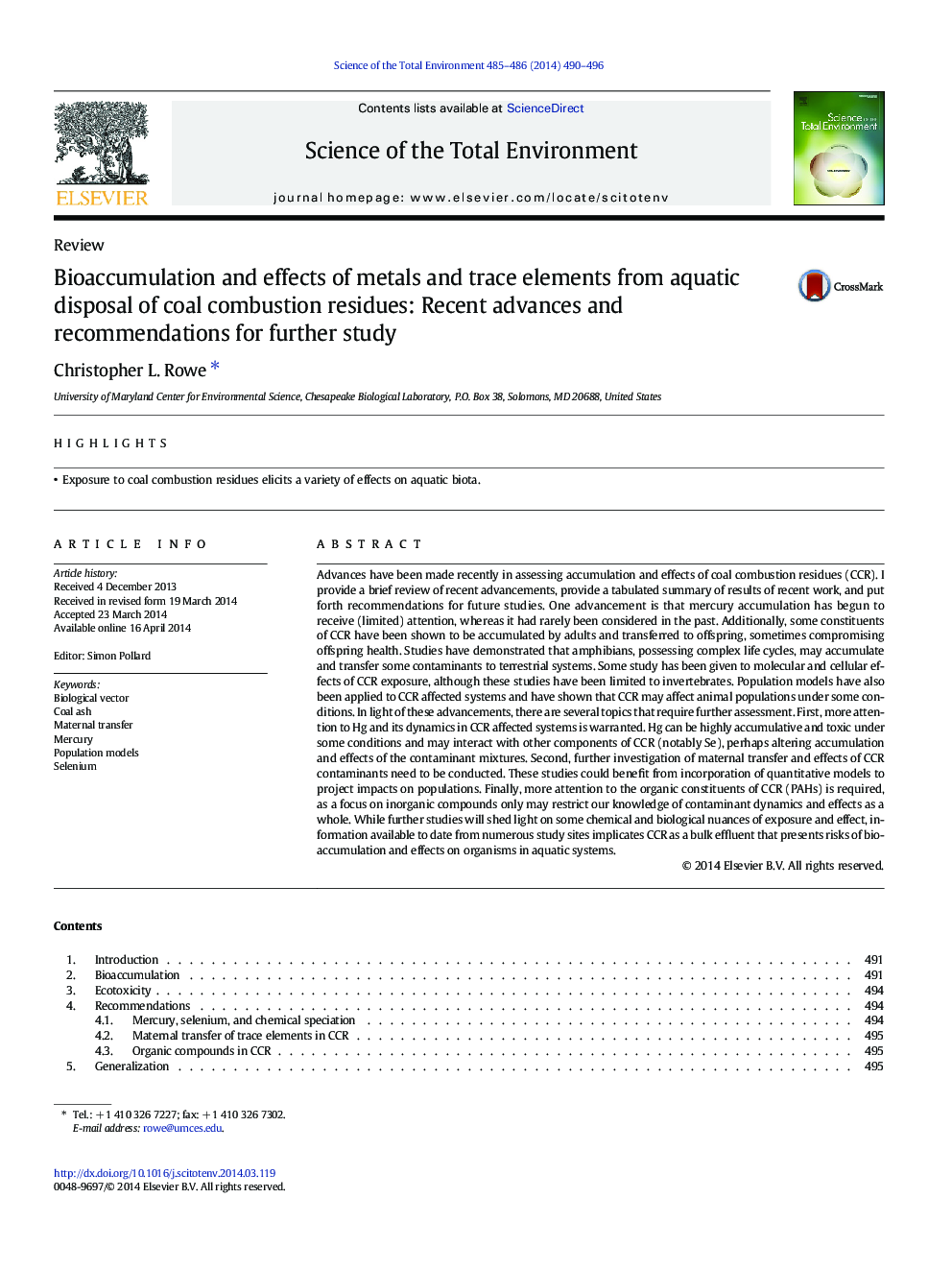 Bioaccumulation and effects of metals and trace elements from aquatic disposal of coal combustion residues: Recent advances and recommendations for further study