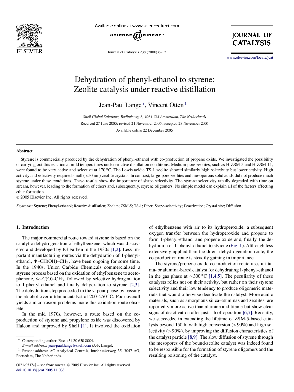 Dehydration of phenyl-ethanol to styrene: Zeolite catalysis under reactive distillation