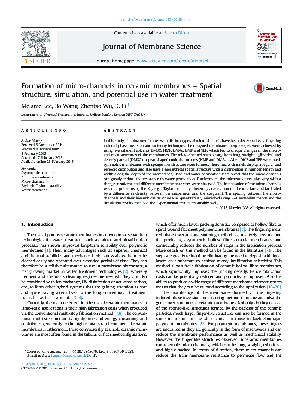 Formation of micro-channels in ceramic membranes - Spatial structure, simulation, and potential use in water treatment