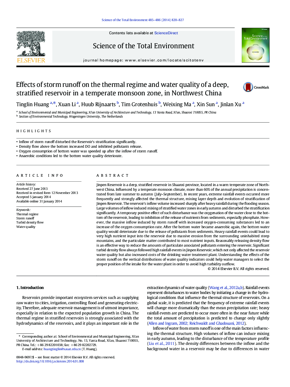 Effects of storm runoff on the thermal regime and water quality of a deep, stratified reservoir in a temperate monsoon zone, in Northwest China