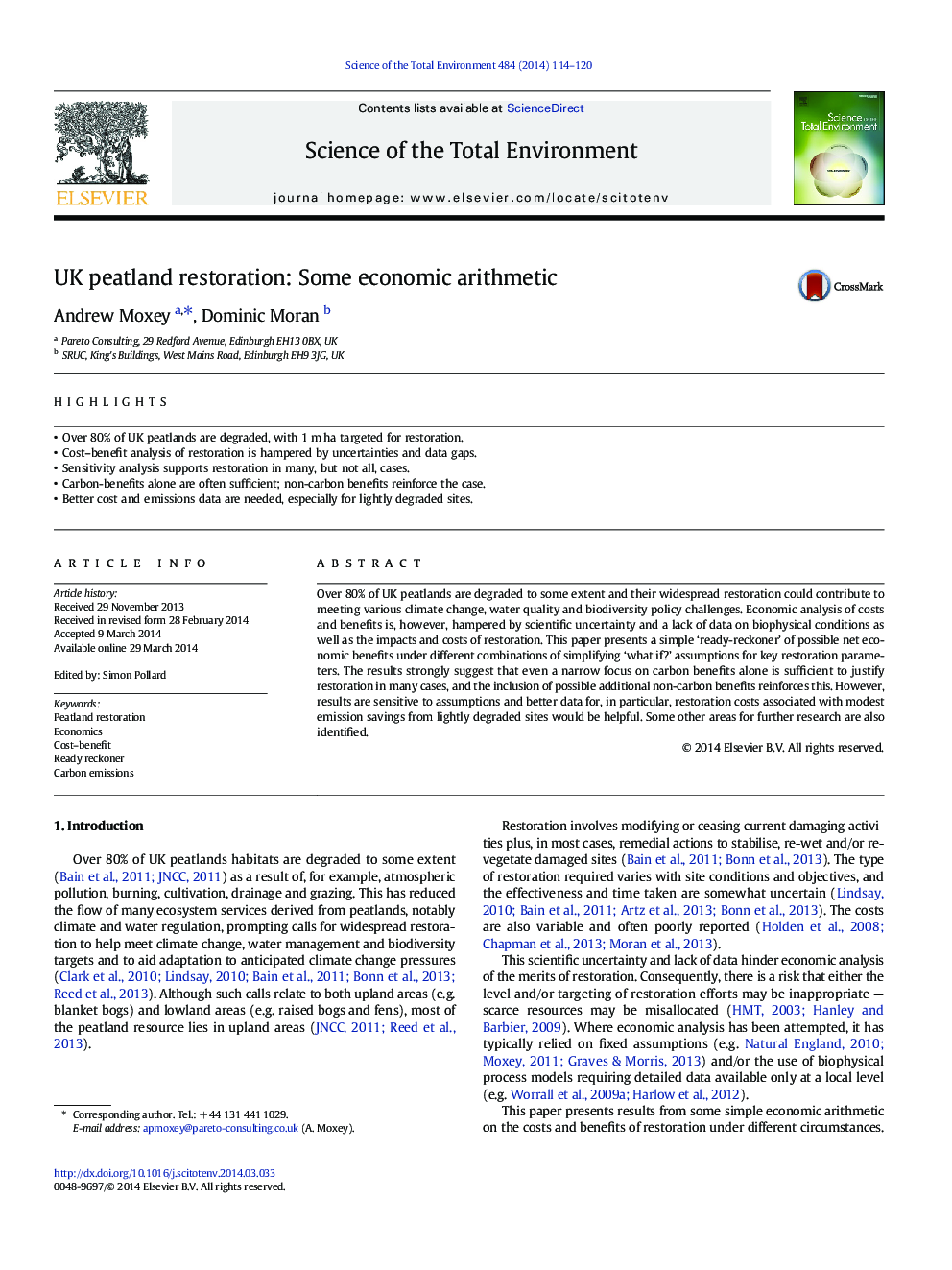 UK peatland restoration: Some economic arithmetic