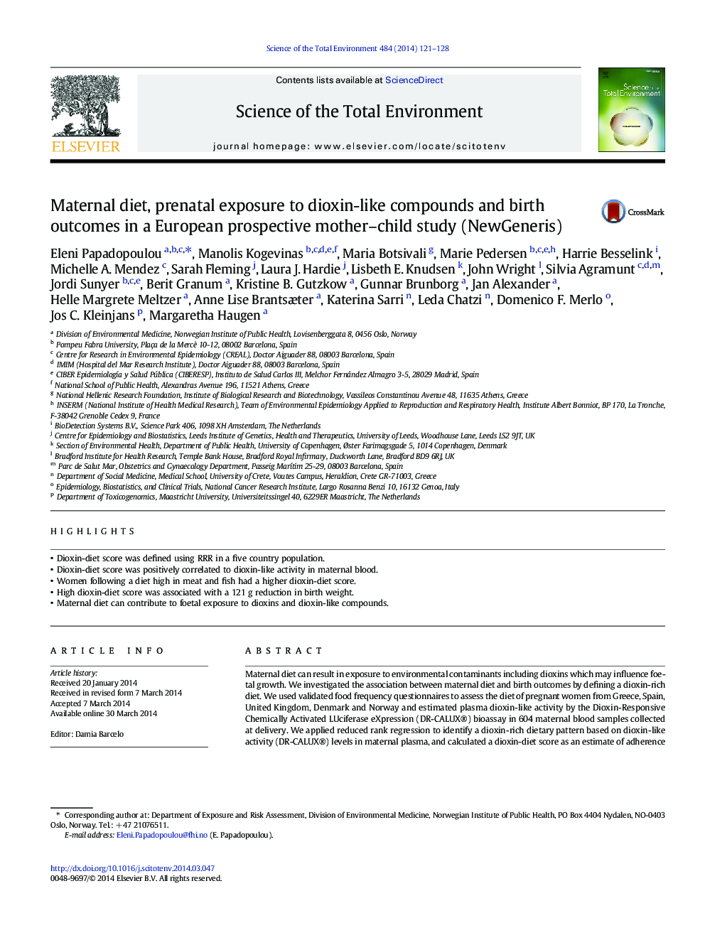 Maternal diet, prenatal exposure to dioxin-like compounds and birth outcomes in a European prospective mother-child study (NewGeneris)