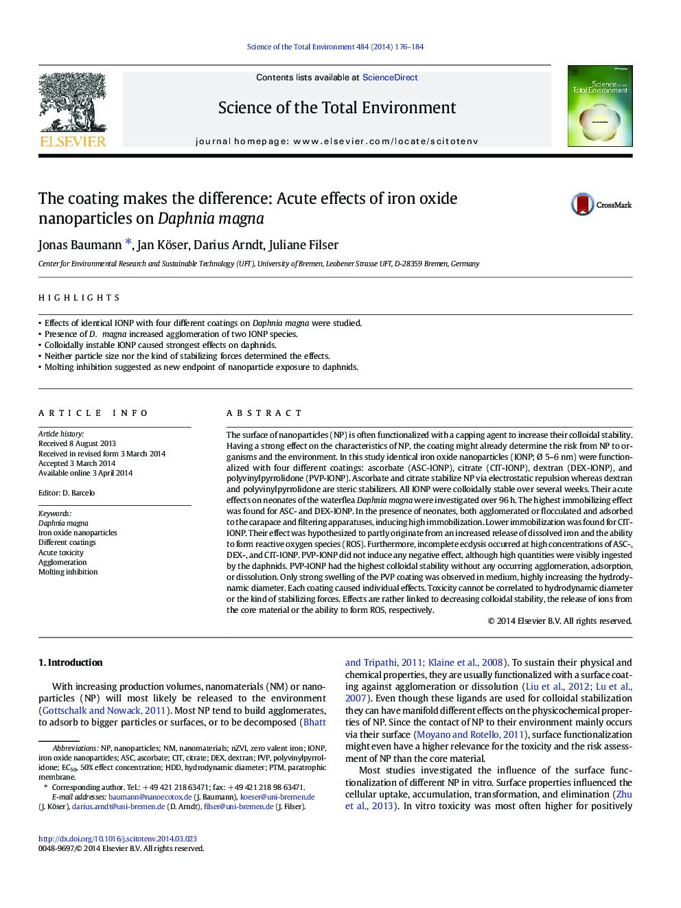 The coating makes the difference: Acute effects of iron oxide nanoparticles on Daphnia magna
