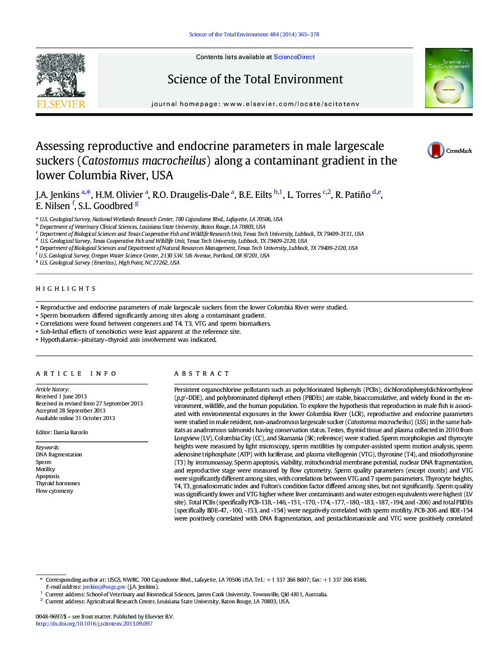 Assessing reproductive and endocrine parameters in male largescale suckers (Catostomus macrocheilus) along a contaminant gradient in the lower Columbia River, USA