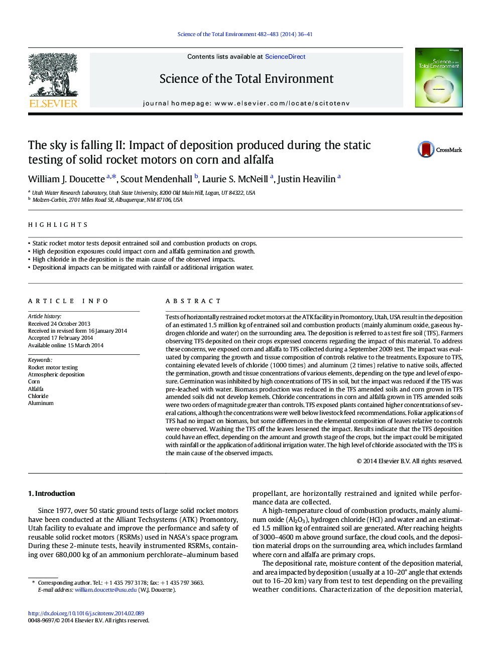 عکس صفحه اول مقاله: The sky is falling II: Impact of deposition produced during the static testing of solid rocket motors on corn and alfalfa The sky is falling II: Impact of deposition produced during the static testing of solid rocket motors on corn and alfalfa