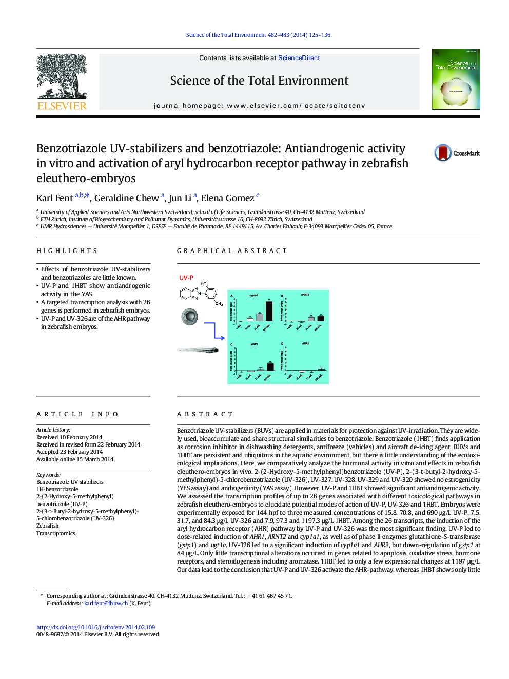 Benzotriazole UV-stabilizers and benzotriazole: Antiandrogenic activity in vitro and activation of aryl hydrocarbon receptor pathway in zebrafish eleuthero-embryos