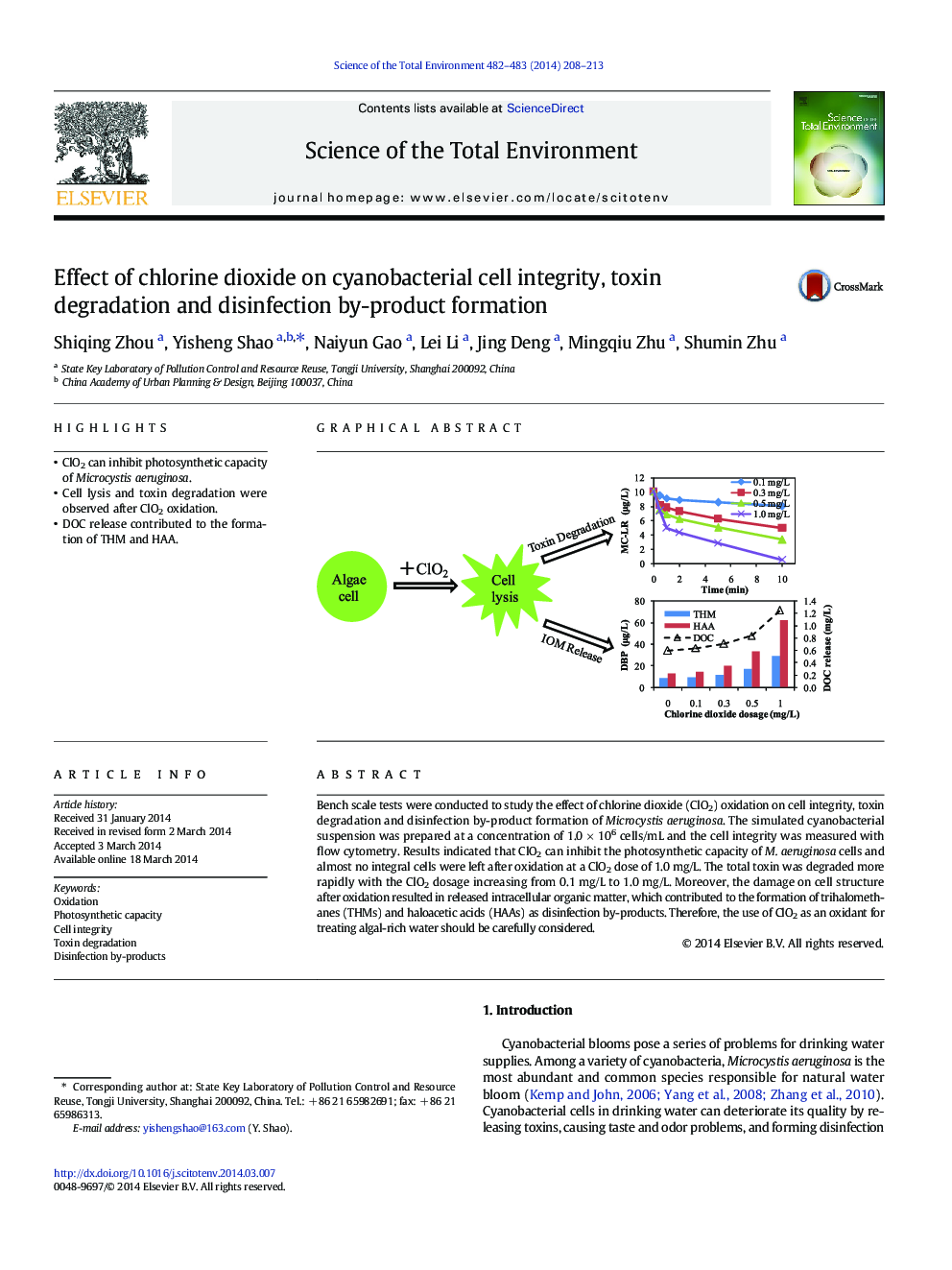 Effect of chlorine dioxide on cyanobacterial cell integrity, toxin degradation and disinfection by-product formation