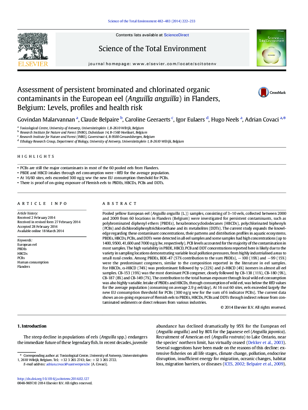 Assessment of persistent brominated and chlorinated organic contaminants in the European eel (Anguilla anguilla) in Flanders, Belgium: Levels, profiles and health risk