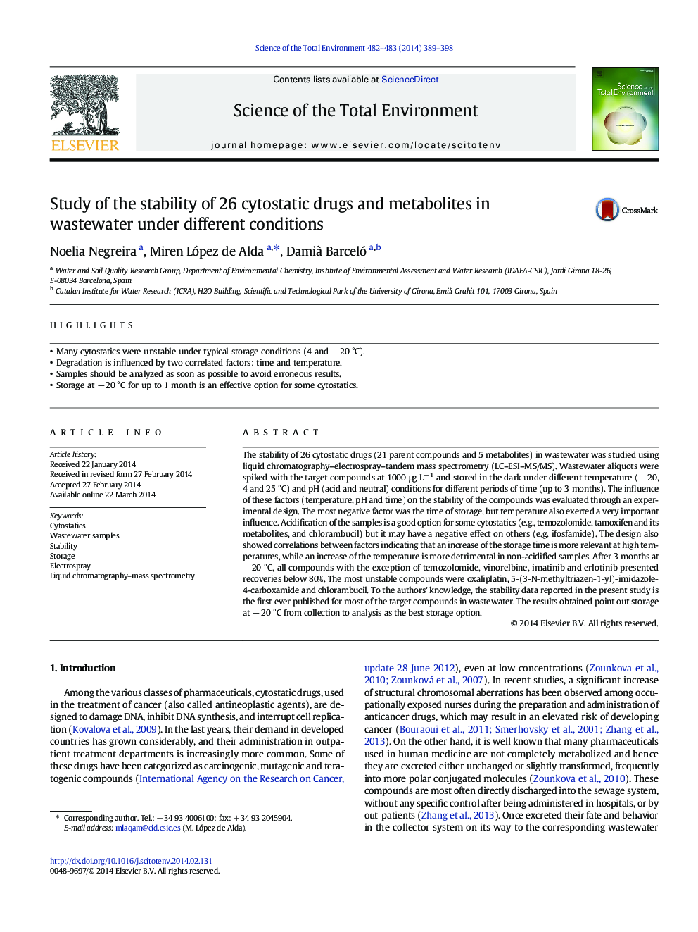 بررسی پایداری 26 دارو و متابولیت های سیتواستاتیک در فاضلاب تحت شرایط مختلف 