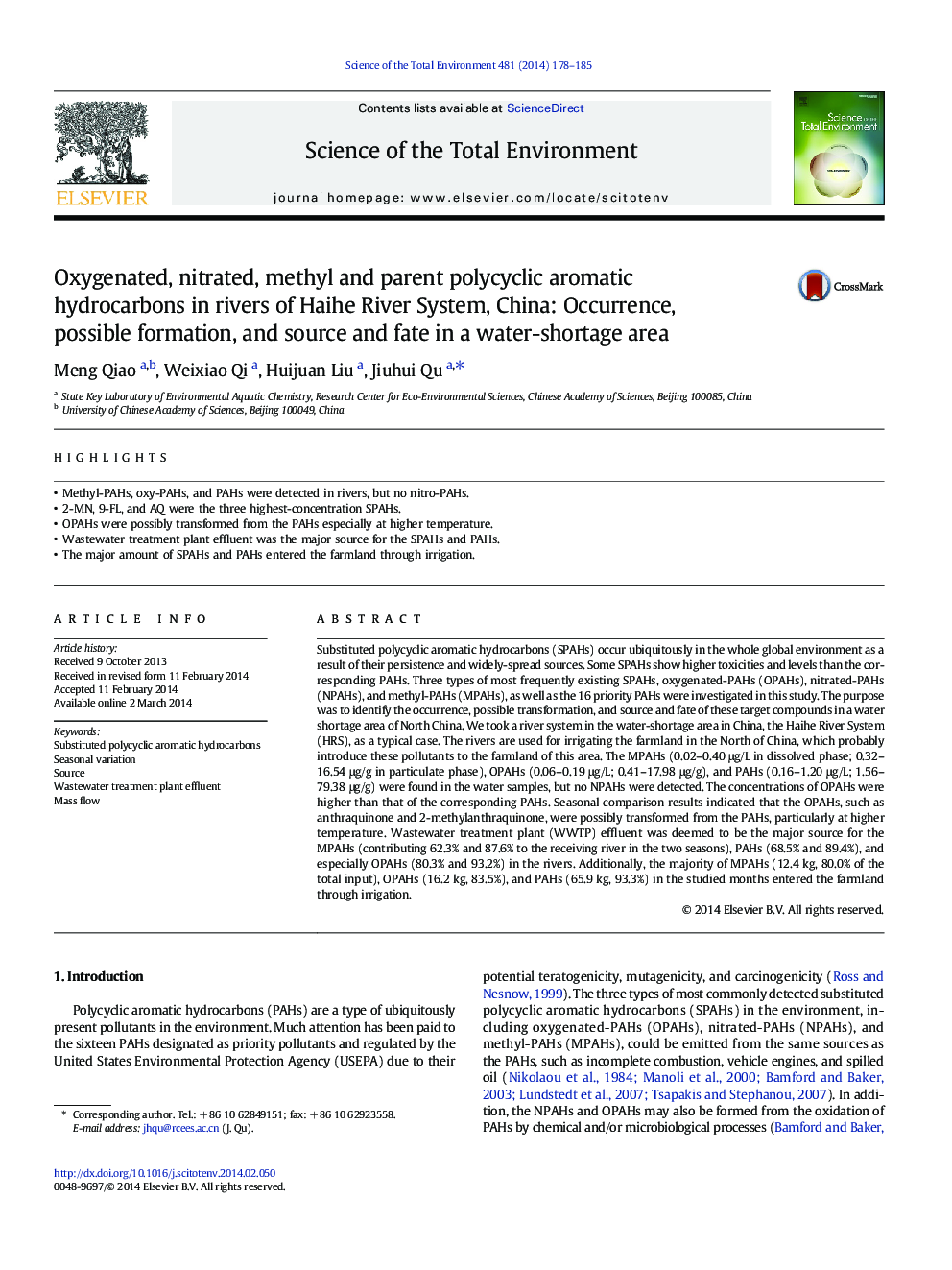 Oxygenated, nitrated, methyl and parent polycyclic aromatic hydrocarbons in rivers of Haihe River System, China: Occurrence, possible formation, and source and fate in a water-shortage area