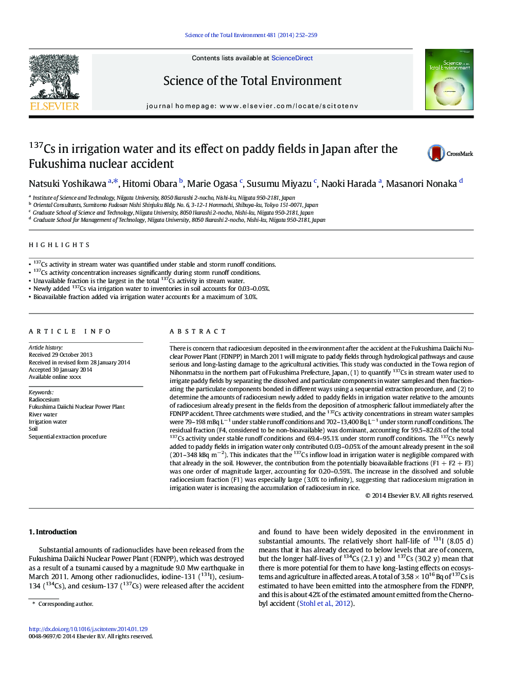 137Cs in irrigation water and its effect on paddy fields in Japan after the Fukushima nuclear accident