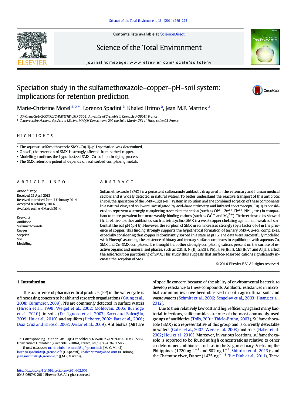 Speciation study in the sulfamethoxazole-copper-pH-soil system: Implications for retention prediction