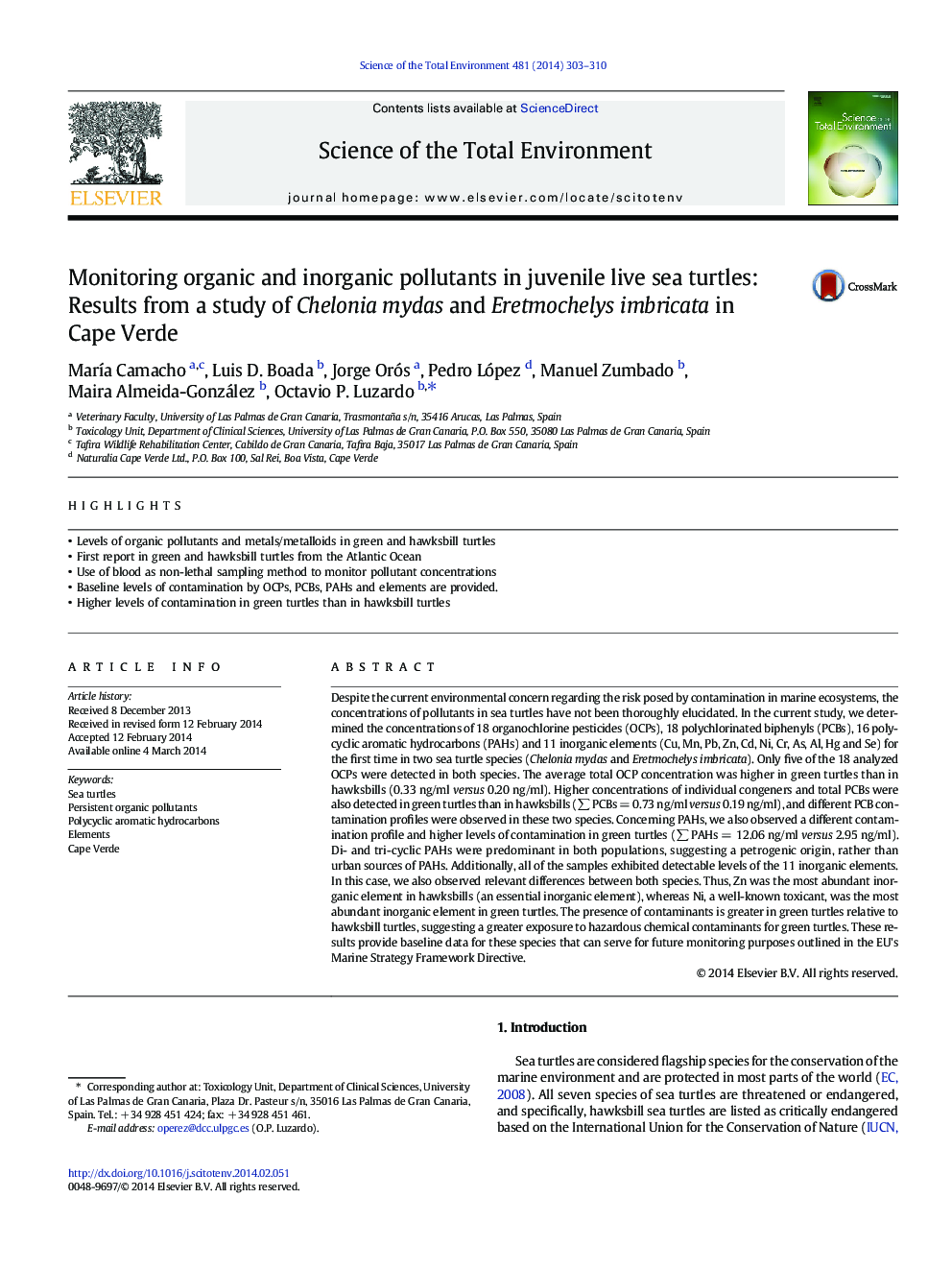 Monitoring organic and inorganic pollutants in juvenile live sea turtles: Results from a study of Chelonia mydas and Eretmochelys imbricata in Cape Verde